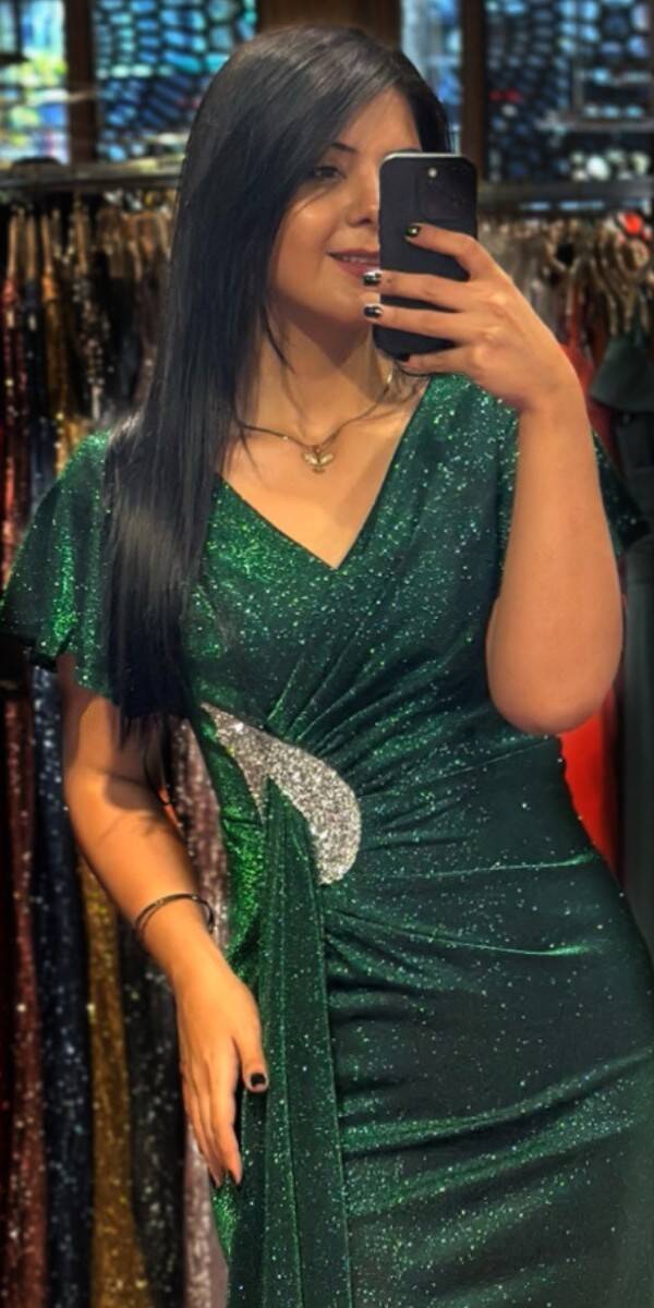 Yeşil Kısa Kollu Taş Detaylı Düz Kesim Simli Midi Abiye Elbise 7514 - 2