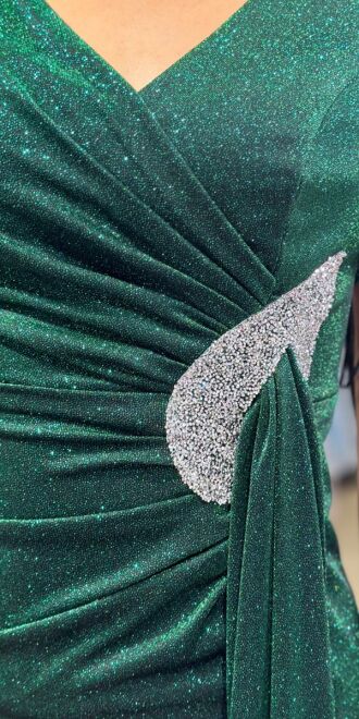 Yeşil Kısa Kollu Taş Detaylı Düz Kesim Simli Midi Abiye Elbise 7514 - 4