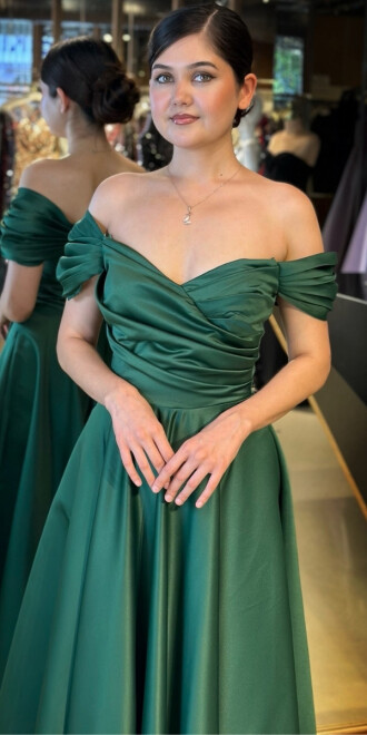 Yeşil Madonna Yaka Kloş Etekli Saten Midi Abiye Elbise 7672 - 3