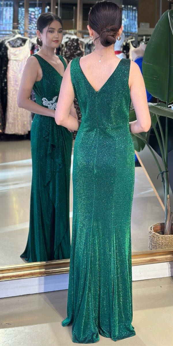 Yeşil Simli Uzun Abiye Elbise 7610 - 2