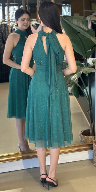 Yeşil Sırt Dekolteli Kloş Etekli Simli Kumaş Kısa Abiye Elbise 6710 - 2