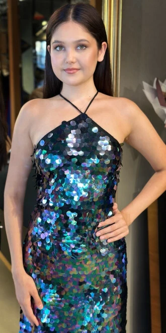 Yeşil Stefanel Yaka Sırt Dekolteli Yırtmaçlı Düz Kesim Payet Midi Abiye Elbise 11042 - 3