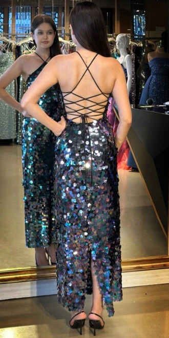 Yeşil Stefanel Yaka Sırt Dekolteli Yırtmaçlı Düz Kesim Payet Midi Abiye Elbise 11042 - 5