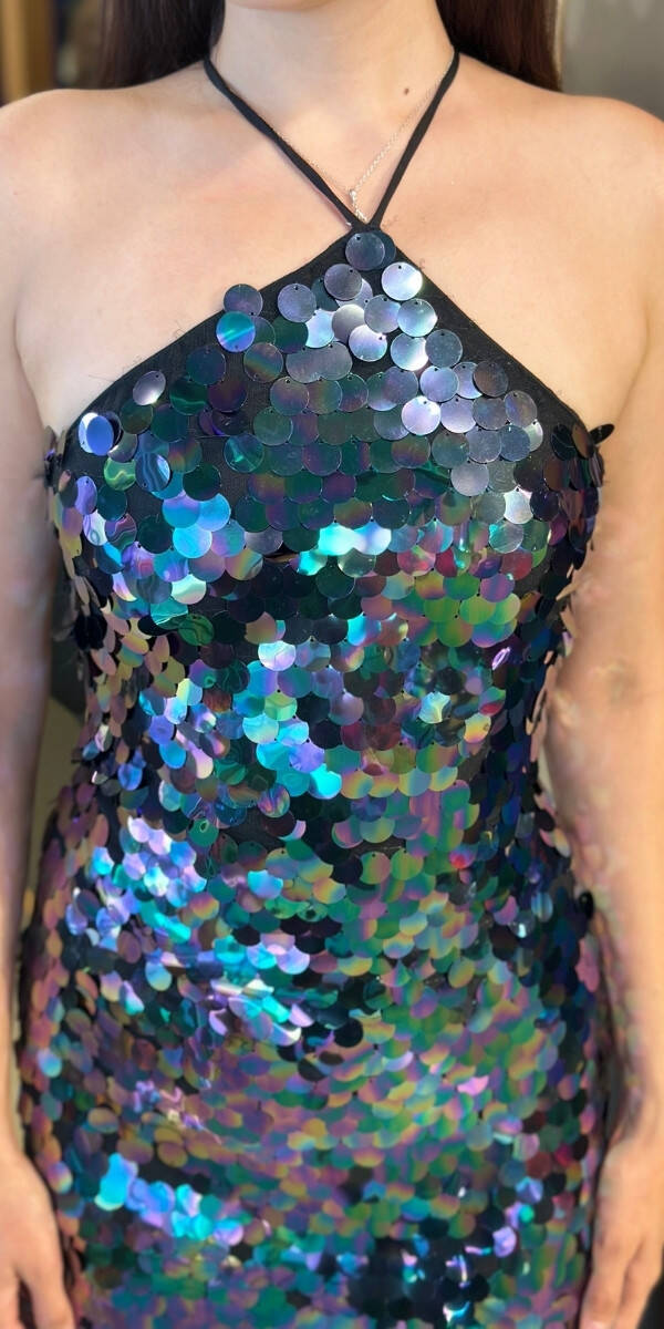 Yeşil Stefanel Yaka Sırt Dekolteli Yırtmaçlı Düz Kesim Payet Midi Abiye Elbise 11042 - 4