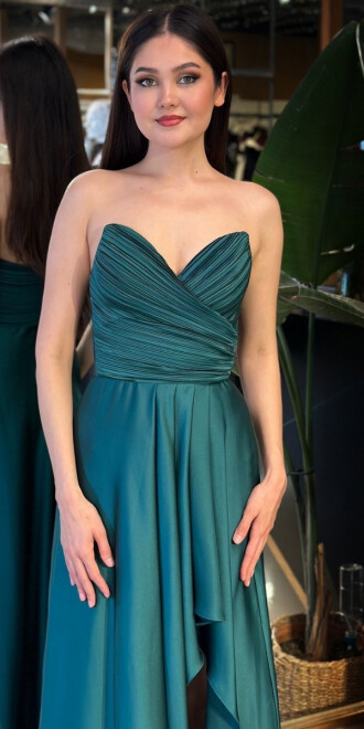 Yeşil Straplez Yaka Anvelop Yırtmaçlı Kloş Etekli Saten Uzun Abiye Elbise 11095-09 - 3