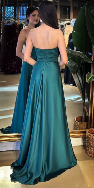 Yeşil Straplez Yaka Anvelop Yırtmaçlı Kloş Etekli Saten Uzun Abiye Elbise 11095-09 - 5