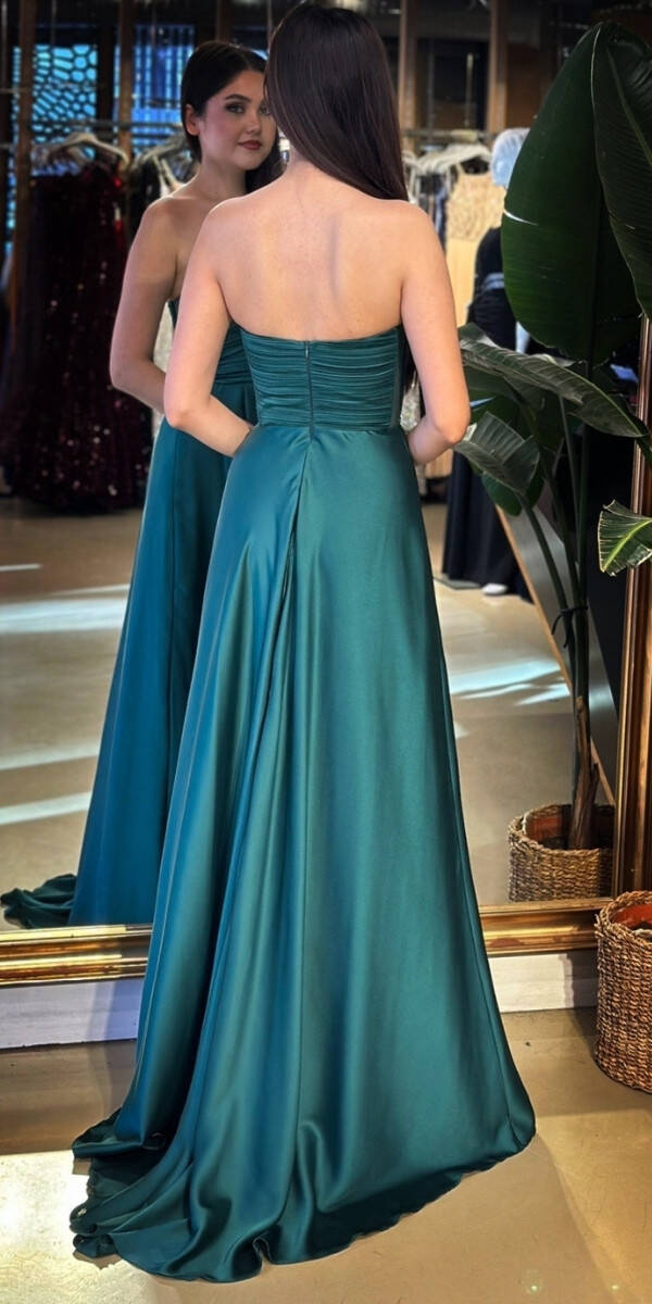 Yeşil Straplez Yaka Anvelop Yırtmaçlı Kloş Etekli Saten Uzun Abiye Elbise 11095-09 - 5