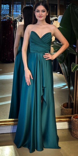 Yeşil Straplez Yaka Anvelop Yırtmaçlı Kloş Etekli Saten Uzun Abiye Elbise 11095-09 - abiyeniall