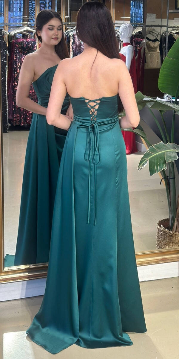 Yeşil Straplez Yaka Sırt Dekolteli Düz Kesim Saten Uzun Abiye Elbise 11131-08 - 5