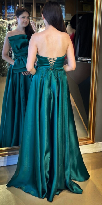 Yeşil Straplez Yaka Yırtmaçlı Kloş Etekli Organze Uzun Abiye Elbise 7679 - 5