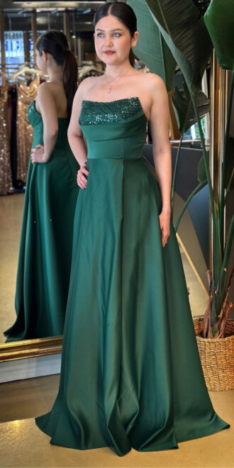Yeşil Taş Detaylı Sırt Dekolteli Yırtmaçlı Kloş Etekli Saten Uzun Abiye Elbise 7733 - 2