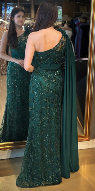 Yeşil Tek Omuzlu Çiçek Detaylı Düz Kesim Pullu Boncuklu Uzun Abiye Elbise 7704 - 5