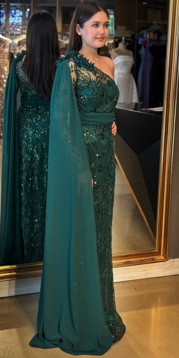 Yeşil Tek Omuzlu Çiçek Detaylı Düz Kesim Pullu Boncuklu Uzun Abiye Elbise 7704 - 2