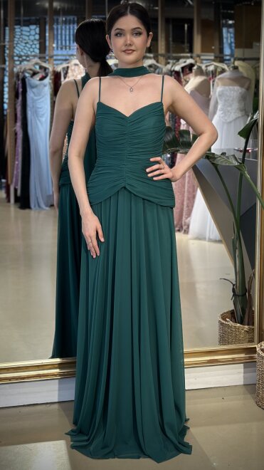 Yeşil V Yaka İp Askılı Pelerin Kloş Etekli Tül Uzun Abiye Elbise 11261-02 - abiyeniall