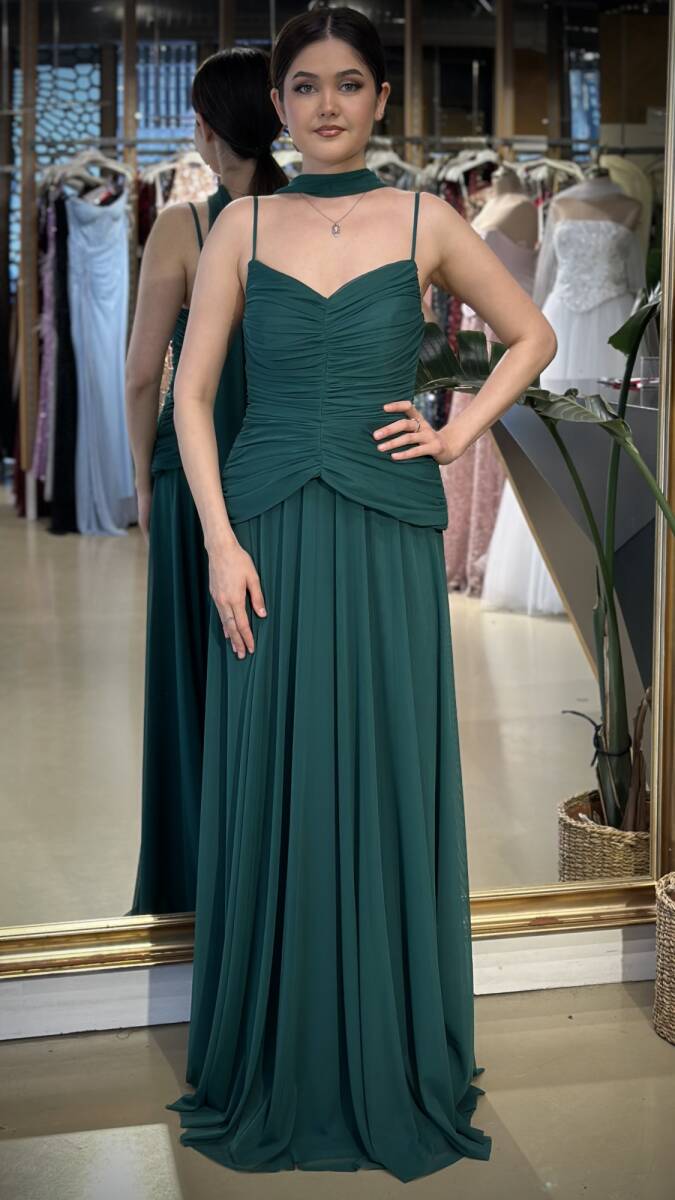 Yeşil V Yaka İp Askılı Pelerin Kloş Etekli Tül Uzun Abiye Elbise 11261-02 - 1