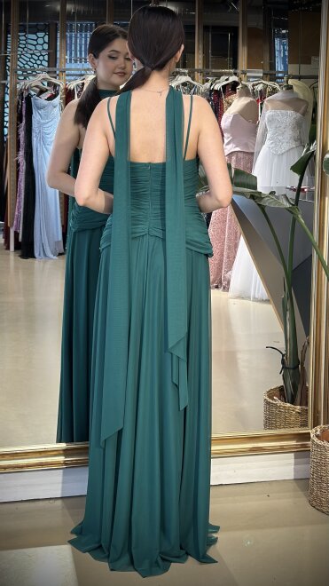 Yeşil V Yaka İp Askılı Pelerin Kloş Etekli Tül Uzun Abiye Elbise 11261-02 - 5