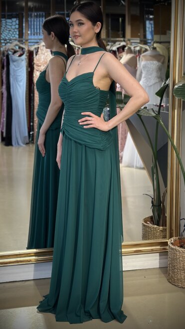 Yeşil V Yaka İp Askılı Pelerin Kloş Etekli Tül Uzun Abiye Elbise 11261-02 - 2