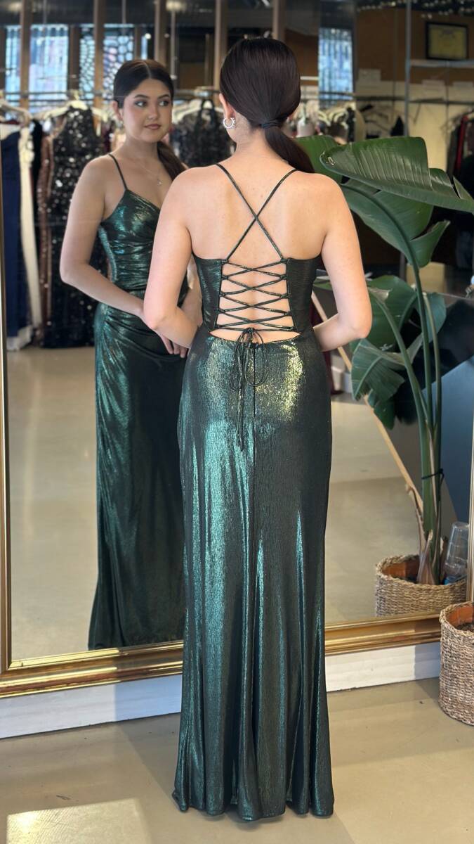 Yeşil V Yaka İp Askılı Sırt Dekolteli Düz Kesim Parlak Kumaş Uzun Abiye Elbise 11086-07 - 5