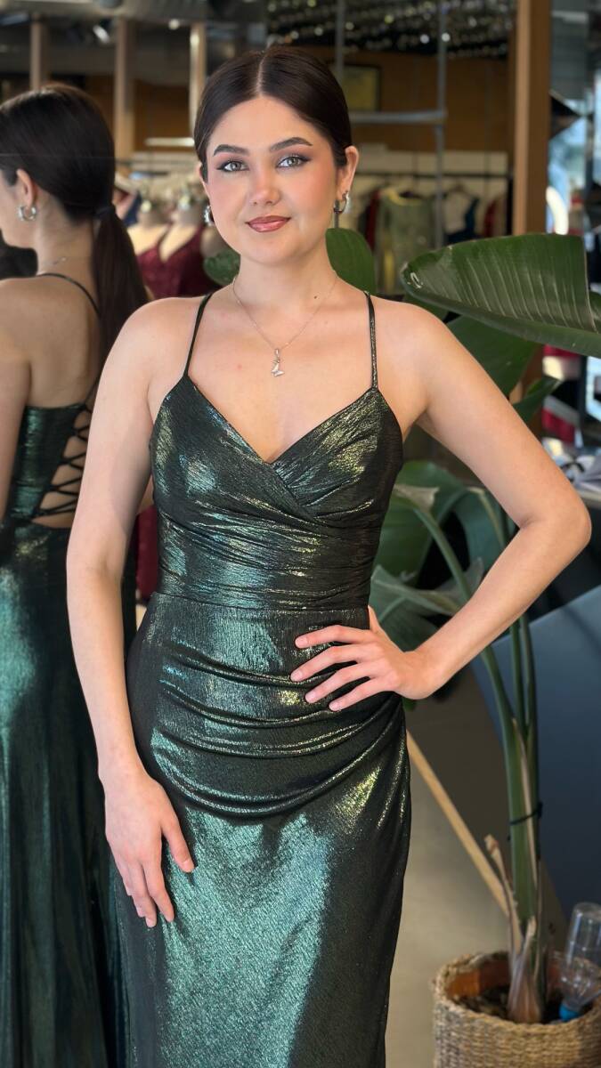 Yeşil V Yaka İp Askılı Sırt Dekolteli Düz Kesim Parlak Kumaş Uzun Abiye Elbise 11086-07 - 3