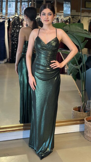 Yeşil V Yaka İp Askılı Sırt Dekolteli Düz Kesim Parlak Kumaş Uzun Abiye Elbise 11086-07 