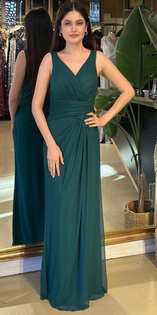 Yeşil V Yaka Kalın Askı Anvelop Yırtmaçlı Düz Kesim Likralı Tül Uzun Abiye Elbise 11123-10 - 1