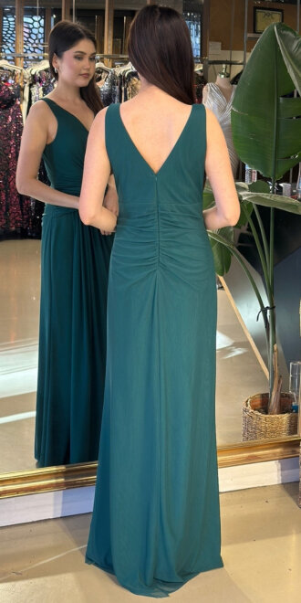 Yeşil V Yaka Kalın Askı Anvelop Yırtmaçlı Düz Kesim Likralı Tül Uzun Abiye Elbise 11123-10 - 5