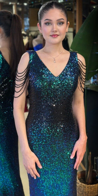 Yeşil V Yaka Kalın Askı Boncuk İşlemeli Düz Kesim Payet Uzun Abiye Elbise 11012-04 - 2