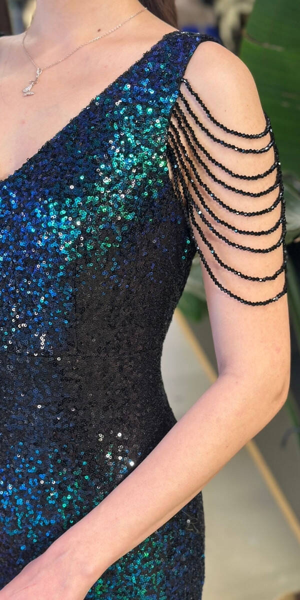 Yeşil V Yaka Kalın Askı Boncuk İşlemeli Düz Kesim Payet Uzun Abiye Elbise 11012-04 - 3