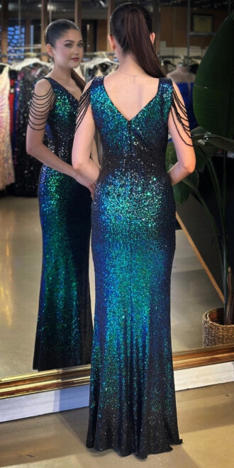 Yeşil V Yaka Kalın Askı Boncuk İşlemeli Düz Kesim Payet Uzun Abiye Elbise 11012-04 - 4