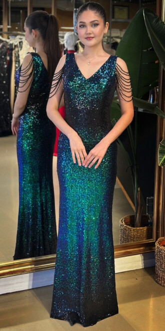 Yeşil V Yaka Kalın Askı Boncuk İşlemeli Düz Kesim Payet Uzun Abiye Elbise 11012-04 - abiyeniall