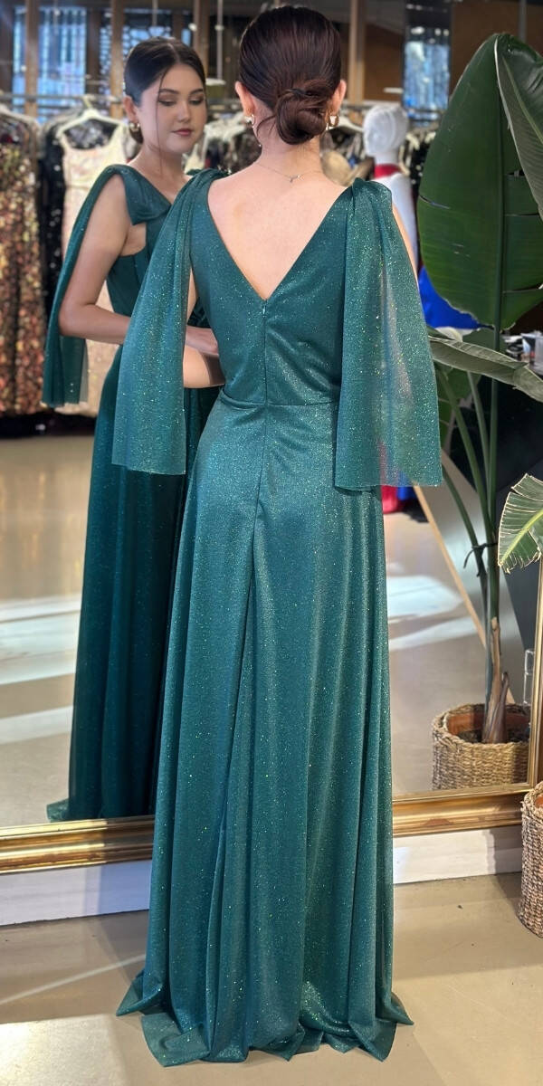 Yeşil V Yaka Kalın Askı Düz Kesim Simli Uzun Abiye Elbise 7557 - 2