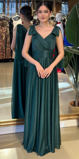 Yeşil V Yaka Kalın Askı Düz Kesim Simli Uzun Abiye Elbise 7557 - abiyeniall